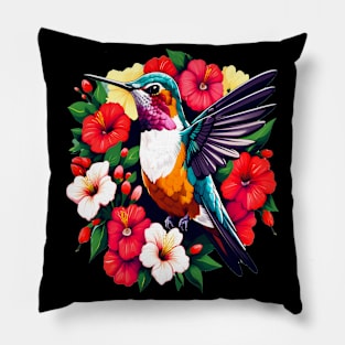 Cute Ruby Throated Hummingbird Surrounded by Spring Flowers Pillow