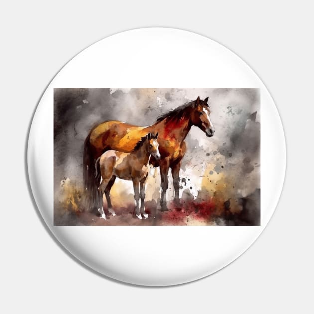 Bonding Moments: Mother and Foal Watercolor Pin by simonrudd