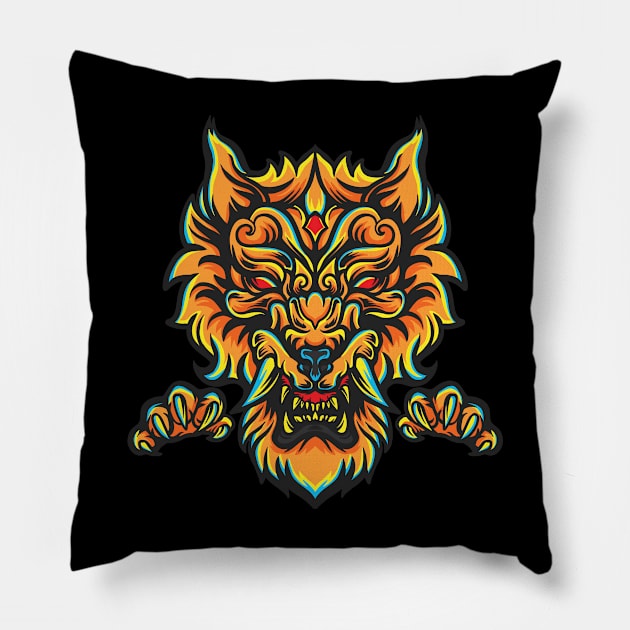 Colorful Japanese Shishi Komainu Lion Dog (Foo Dog) Design Pillow by TF Brands