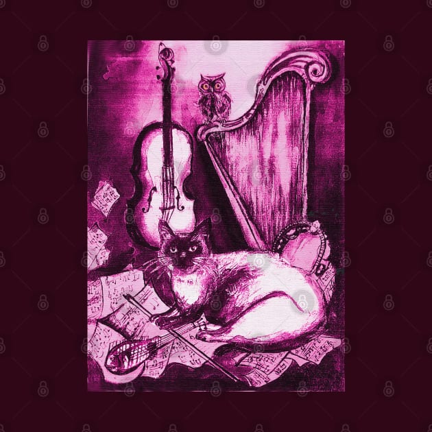 MUSICAL CAT AND OWL WITH MUSIC INSTRUMENTS In Pink Fuchsia Purple White Colors by BulganLumini