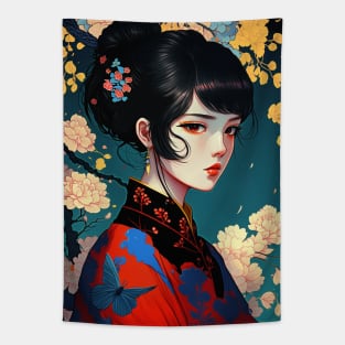 Kawaii floral anime geisha Japanese Tapestry