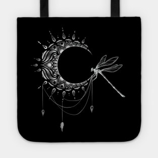 Intricate Half Crescent Moon with Dragonfly Tattoo Design Tote