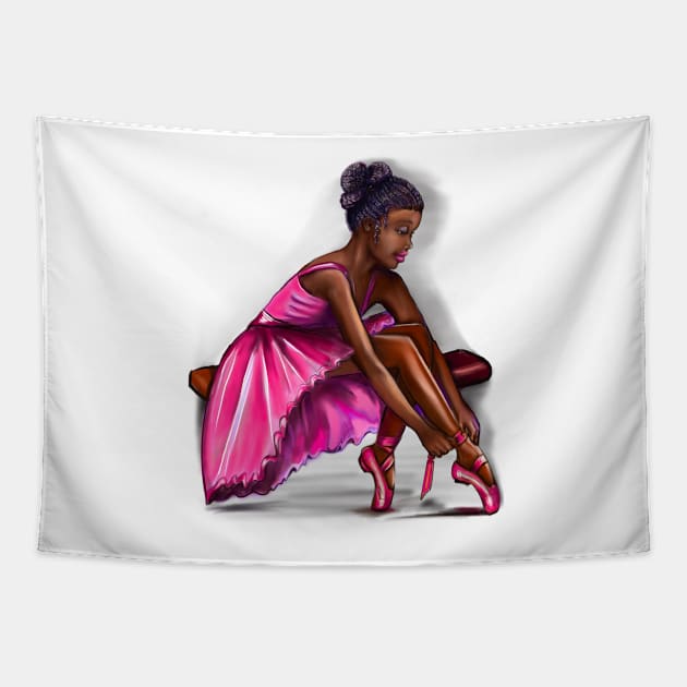 ballerina getting ready to dance, lacing her ballet shoes - brown skin ballerina. Top 10 Best ballerina gifts. Top 10 gifts for black women Tapestry by Artonmytee