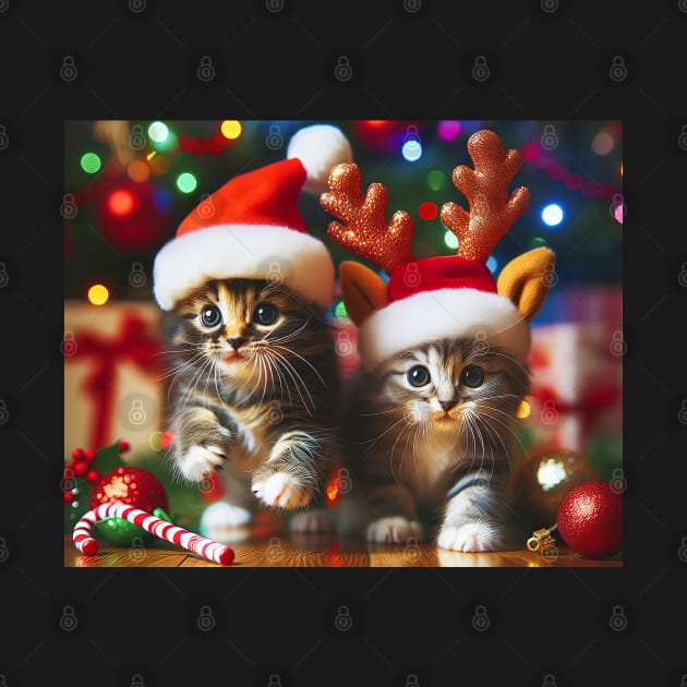 Cute kittens with Santa Claus and reindeer hats and Christmas tree by SPJE Illustration Photography