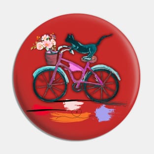 Tuxedo cat riding pink bike Pin