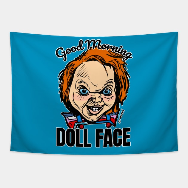 Funny Child's Doll 'Good Morning Doll Face' Quote Tapestry by sketchnkustom