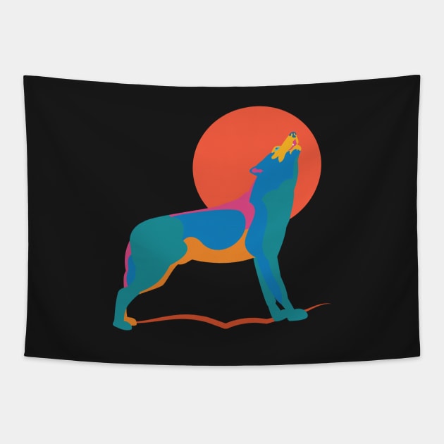 Vibrant Wolf Howling at a Huge Red Orange Moon Tapestry by evisionarts