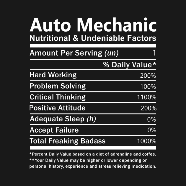 Auto Mechanic T Shirt - Nutritional and Undeniable Factors Gift Item Tee by Ryalgi