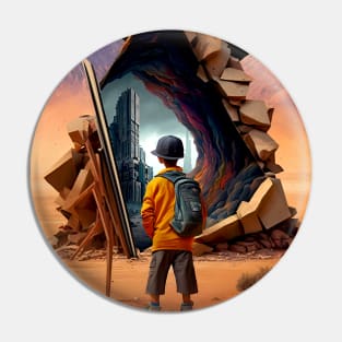 Wonderment a Time Travel Odyssey: A Journey to a Dystopian Future on a Dark Background Pin