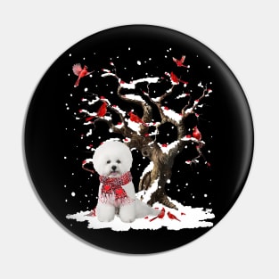 White Bichon Frise Scarf Cardinal Snow Christmas Pin