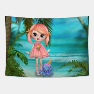 Girl, octopus and ice cream Tapestry