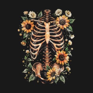 Sunflowers and Bones, Anatomy Art, ribcage full of sunflowers and leaves, thoracicy, leaves anatomy Ribcage, rib cage, pelvis, anatomy skeleton T-Shirt