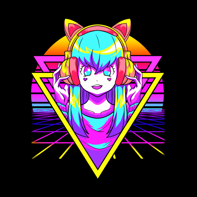 Vaporwave Anime Girl Otaku Sunset Geometric Grid by EPDesignStudio