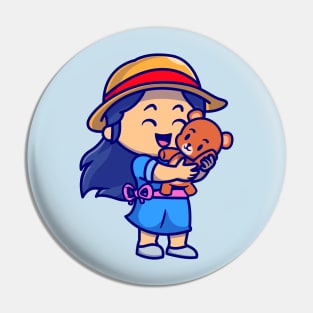 Cute Girl With Teddy Bear Doll Cartoon Pin