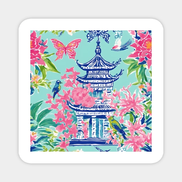 Chinoiserie pagodas, birds, flowers, butterflies on duck egg blue Magnet by SophieClimaArt