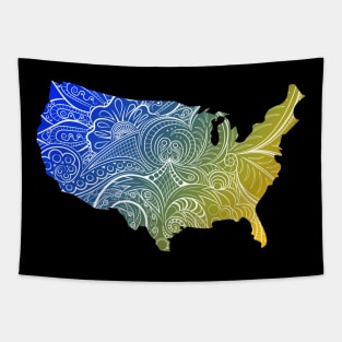 Colorful mandala art map of the United States of America in blue and yellow Tapestry