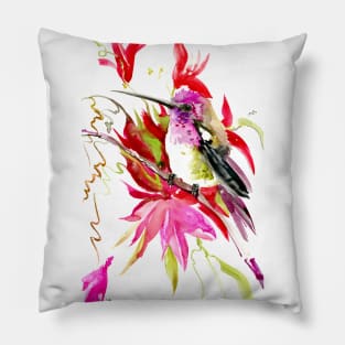 Little Hummingbird and Tropical Red flowers Pillow