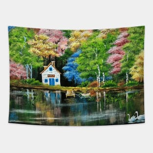 Autumn forest and lake house Tapestry