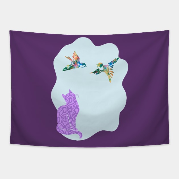 Camouflage Purple Cat Watching Birds Silhouette Art Tapestry by Mazz M