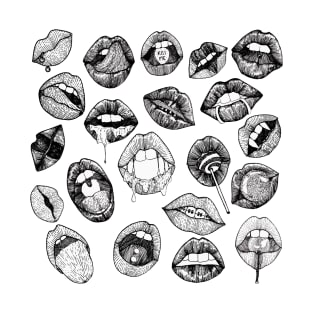 Hand Drawn Luscious Lips in Black and White T-Shirt