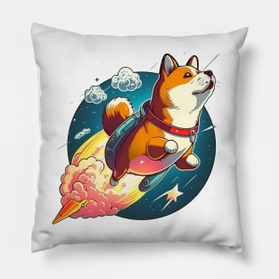 shiba inu flying into space with a rocket Pillow