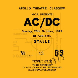 AC-DC Sunday 28th October 1979 Glasgow Apollo UK Tour Ticket Repro Black Text on Yellow or Orange T-Shirt