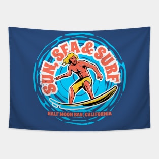 Vintage Sun, Sea & Surf Half Moon Bay, California // Retro Surfing // Surfer Catching Waves Tapestry