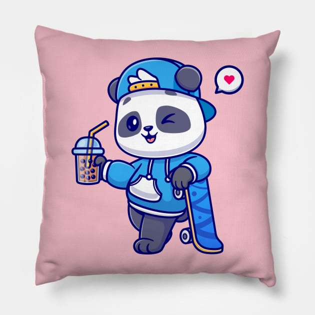 Cute Panda Drink Boba Milk Tea With Skateboard Cartoon Pillow by Catalyst Labs