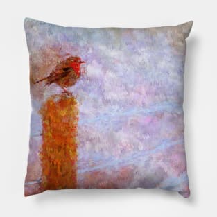 Winter Robin on a Fence Impressionist Painting Pillow