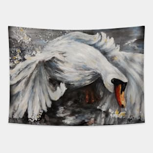 Swan - a great landing, flying bird, nature, birds Tapestry