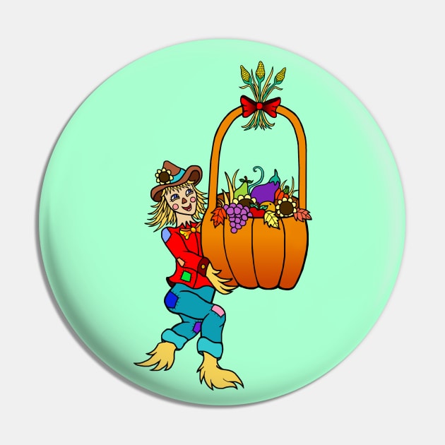 Scarecrow with Pumpkin Harvest Basket Pin by Art by Deborah Camp