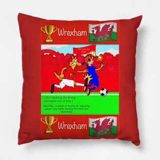 He's kicking the living daylights out of him, Wrexham funny football/soccer sayings. Pillow