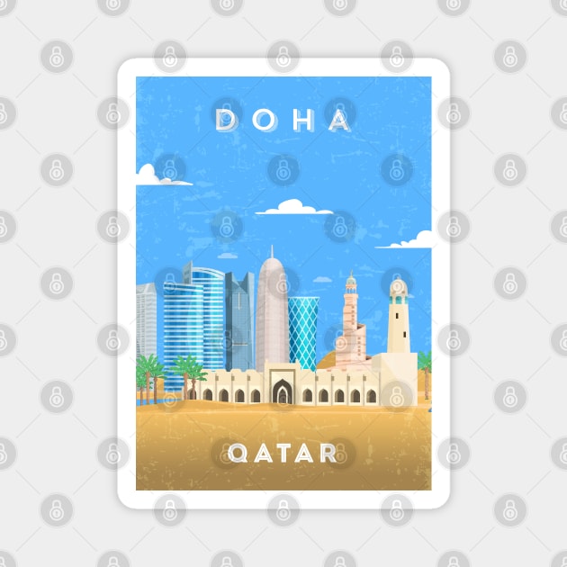 Doha, Qatar - Retro travel minimalist poster Magnet by GreekTavern