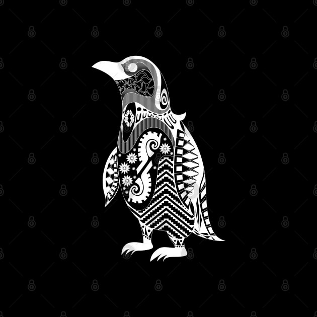 happy funny penguin in ecopop tribal pattern wallpaper art by jorge_lebeau