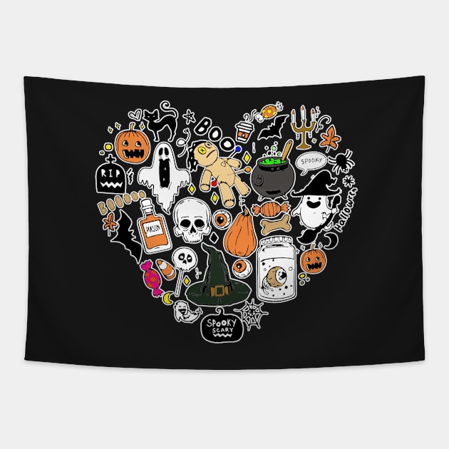 Funny Halloween Women Cute Doodles Heart Halloween Tapestry by masterpiecesai