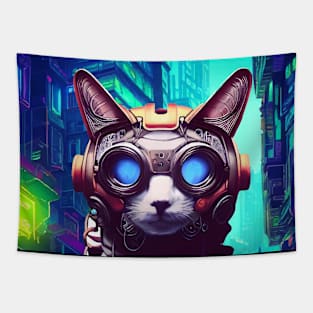 Techno Cat In Japan Neon City Tapestry