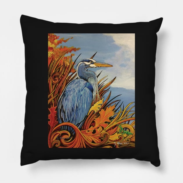 Fall Colors Blue Heron Pillow by SunnyDaysNH