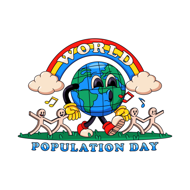 World population day, earth walks happily while holding on to paper humans by Vyndesign