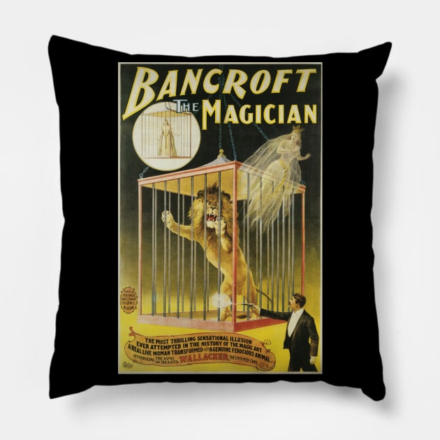 Vintage Magic Poster Art, Frederick Bancroft, the Magician Pillow by MasterpieceCafe