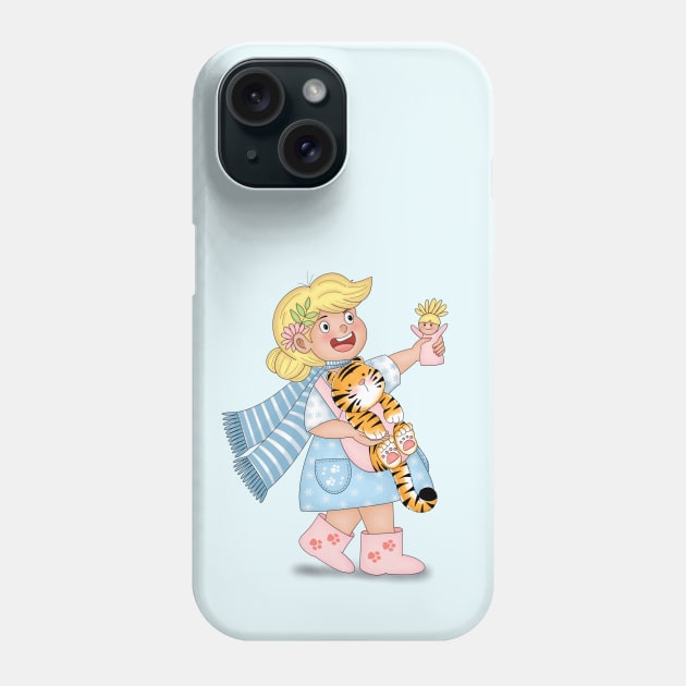 Happy Girl Carrying Tiger Cub Like A Baby Phone Case by Athikan