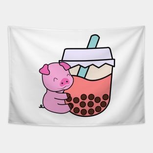 Baby Kawaii Pig Hugs Sweet Bubble Tea Pink Boba Tea Tapestry