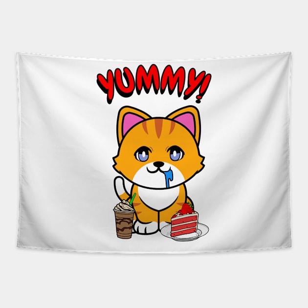 Cute orange cat is having coffee and cake Tapestry by Pet Station