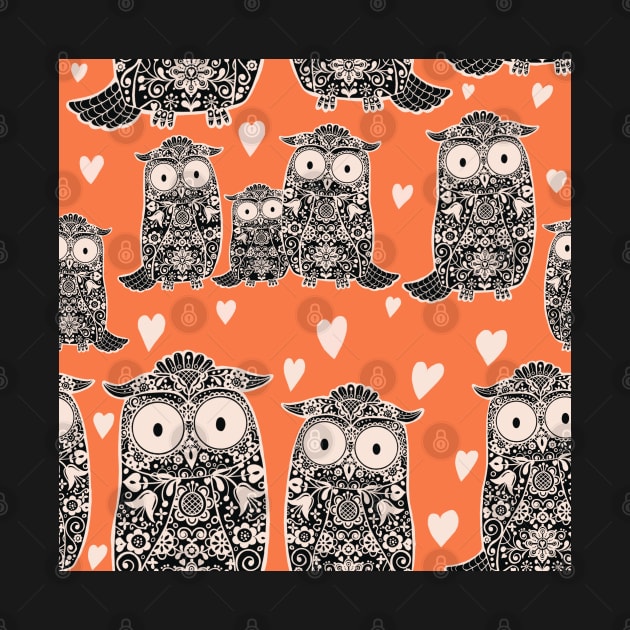 Folk Art Owls, Owlets and Hearts Pattern on Orange by NattyDesigns