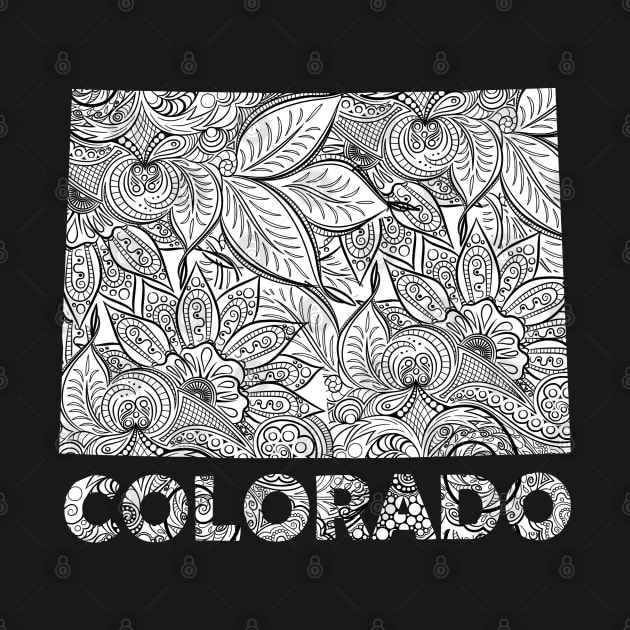 Mandala art map of Colorado with text in white by Happy Citizen