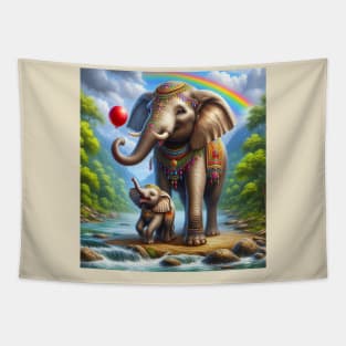 Happy mom Elephant with her baby colorful painting Tapestry