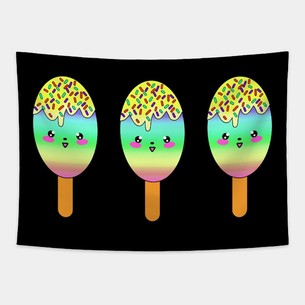 Cute funny happy little baby Kawaii chibi popsicle ice cream dessert cartoon. Colorful sweet yummy smiling adorable row of gelato popsicles on sticks. Tapestry by IvyArtistic