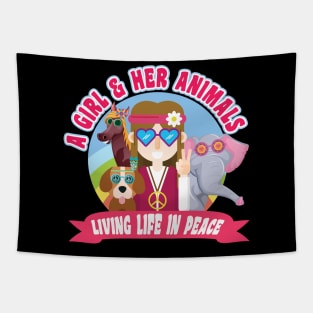 'A Girl and Her Animals' Cool Hippie Peace Retro Tapestry