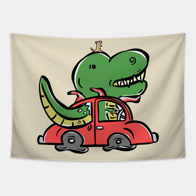 Driving a Red Car Tyrannosaurus Dinosaur Dino Cartoon Cute Character Tapestry by Squeeb Creative