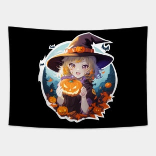 Halloween Enchantment: Young Witch with a Magical Pumpkin Tapestry