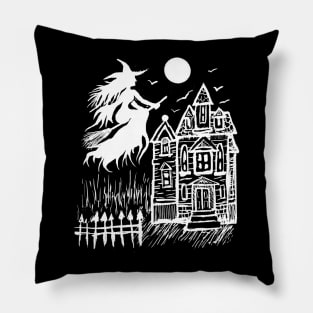 Witch Flying Over Full Moon & Haunted House, Spooky Halloween Gothic Pillow